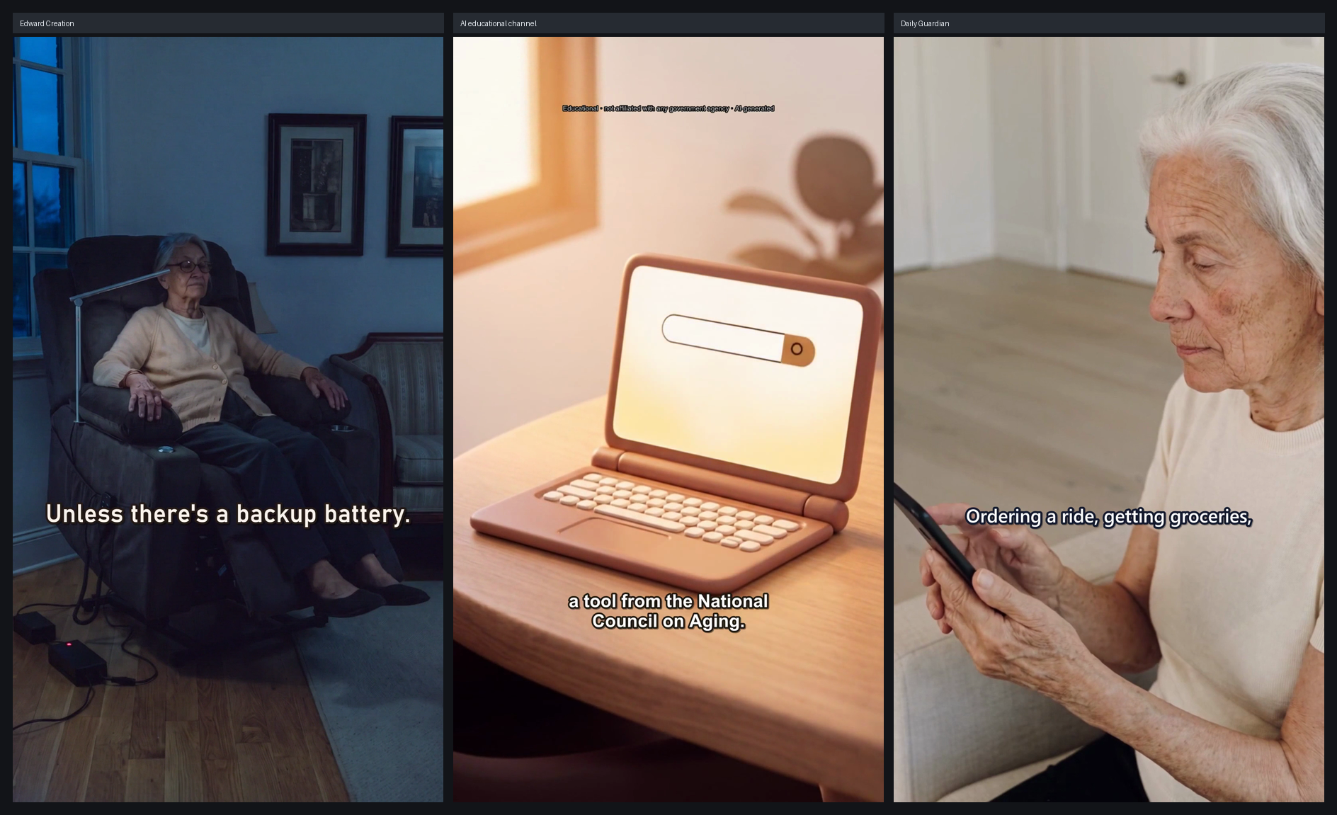 Frames from three finished AI-generated short-form ad masters across three brands